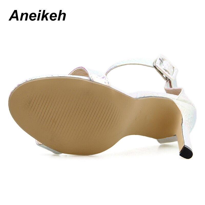 Aneikeh PU Women Shoes Thin High Heels Sandals Ankle Buckle Strap Sandals Pumps Party Dress Silver Blue Size 35-40