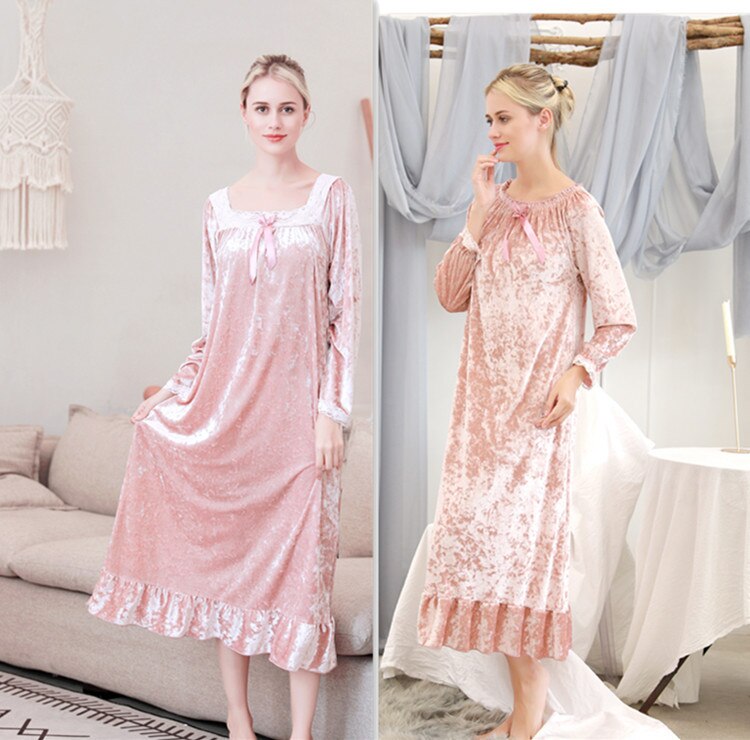 Winter Lange Mouwen Sleepdress Prinses Vrouwen Nachtjapon Enkele Fluwelen Lente Nachthemd Vierkante Strakke Kraag Nachtjapon Vrouwelijke