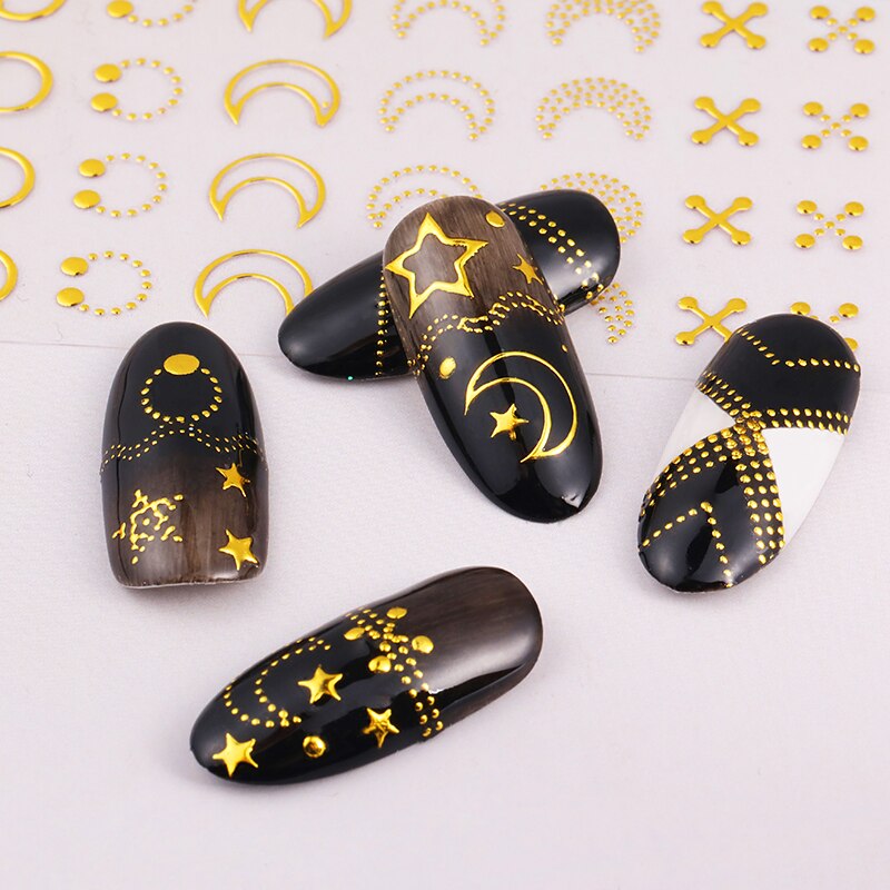 Or métal 3D autocollant à ongles géométrique lune étoile rayures vague ligne modèles Nail Art décalcomanies décoration bricolage accessoires de