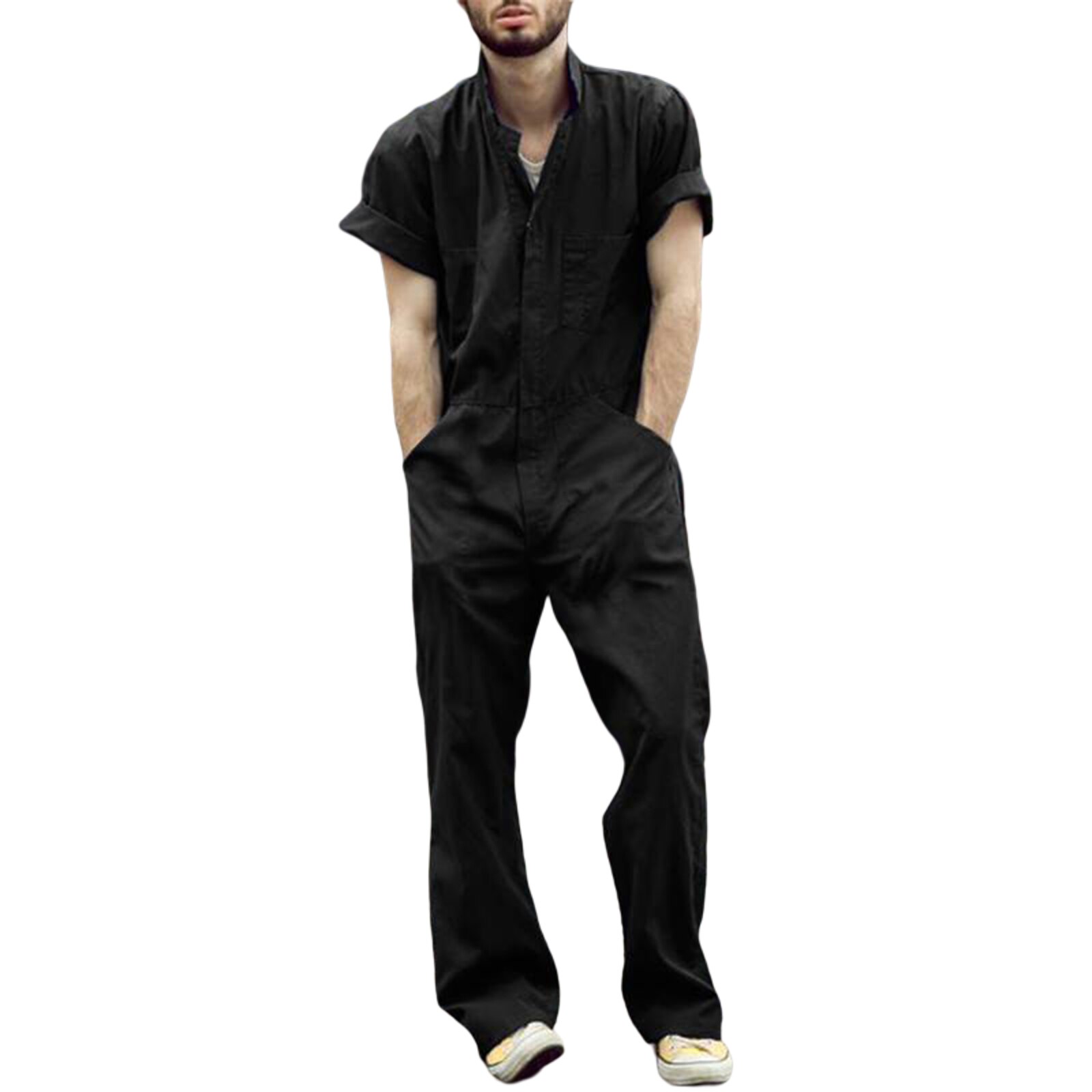 Mannen 'S Jumpsuit, Volwassenen Effen Kleur Turn-Down Kraag Korte Mouw Romper Playsuit Voor Zomer Herfst