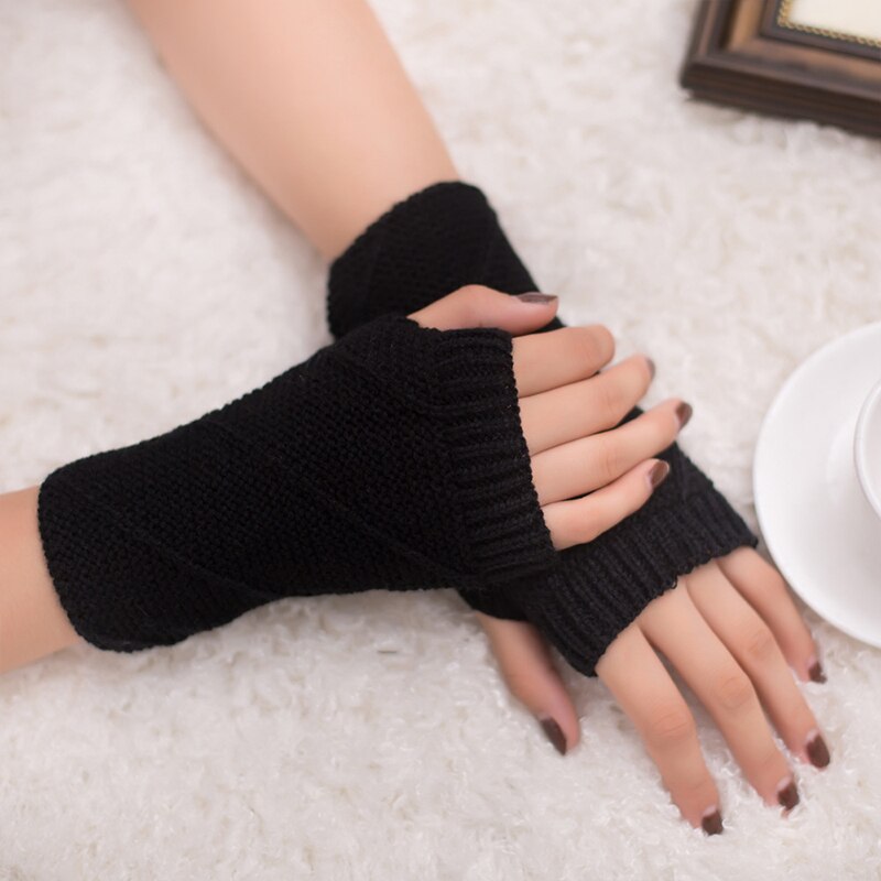 Femme mignon couleur unie gants doux au Crochet à tricoter épais hiver gants sans doigts demi doigt facile à taper gants extensibles: Black