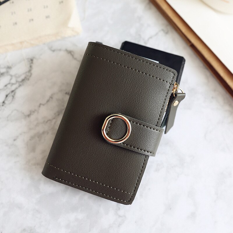 Wallet Leather Women Wallet Long Pu Leather Purse Zipper Metal Circle Decor Wallets Female Hasp Coin Purse Clutch Black: Short-DarkGreen