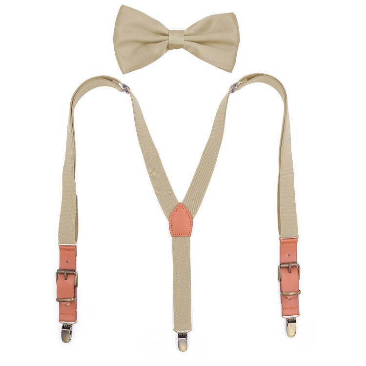 Ensemble de bretelles en cuir PU unisexe, Vintage, avec nœud papillon, ajustable, accessoires pour pantalons: Khaki