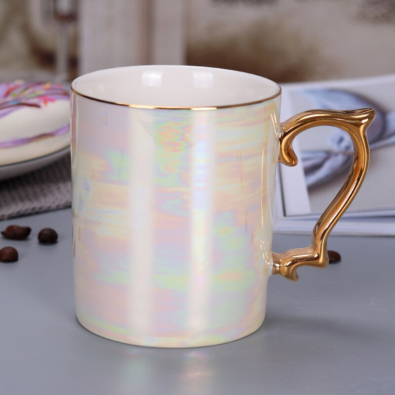 Pearl glaze gold handle mug coffee cup advanced mug rainbow glazed ceramic cup,simple Nordic teacup Drinkware: 02