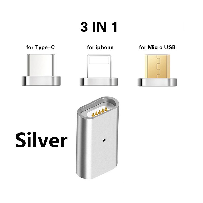 Magnetische Usb Adapter Man-vrouw Micro Usb Naar Voor Iphoneios Android Type Usb C 8 Pin 3in1 Datakabel converter Adapter: Silver 3In1 Adapter