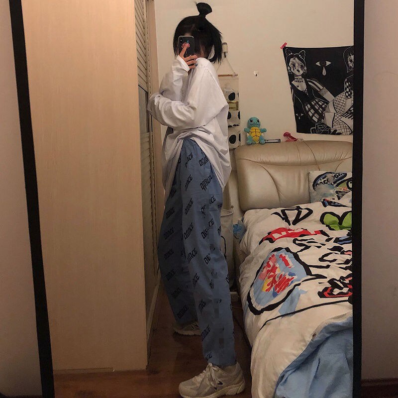 Houzhou oversize print brede ben bukser kvinder koreansk street style blå joggerbukser kvinde harajuku jogging joggingbukser