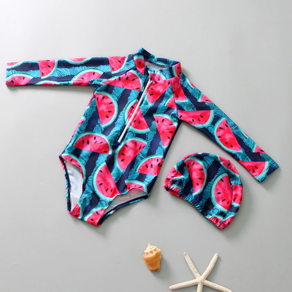 Kinderen Baby Meisjes Lange Mouwen Fruit Print Strand Badmode Hoed Kleding Set Bebek Mayo Kostuum Da Bagno Ragazza 19MAY19 p35