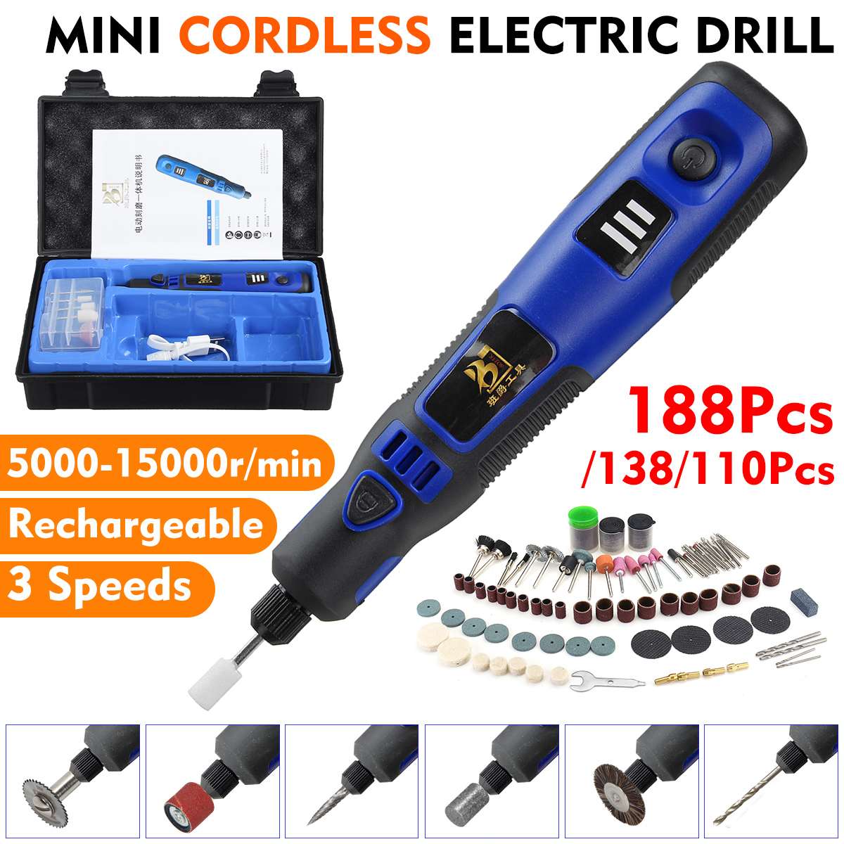 3 Speed Verstelbare Cordless Elektrische Grinder Boor Usb Opladen Roterende Tool Graveren Pen Met 110 /138/188 Accessoires