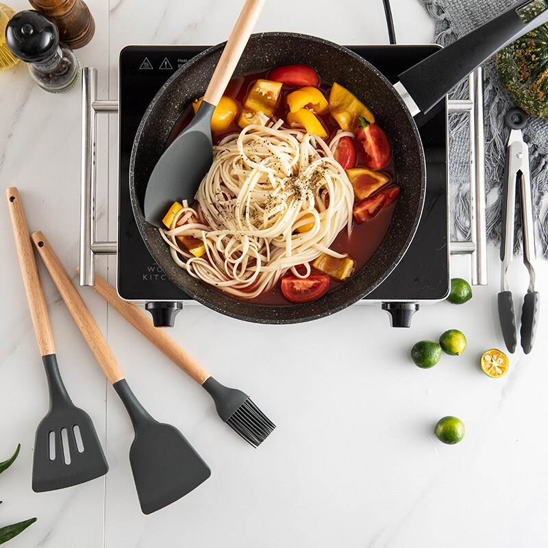 Juego de utensilios de cocina de silicona antiadherente espátula pala con asa de madera conjunto de utensilios para cocina con caja de Almacenamiento Herramientas de cocina