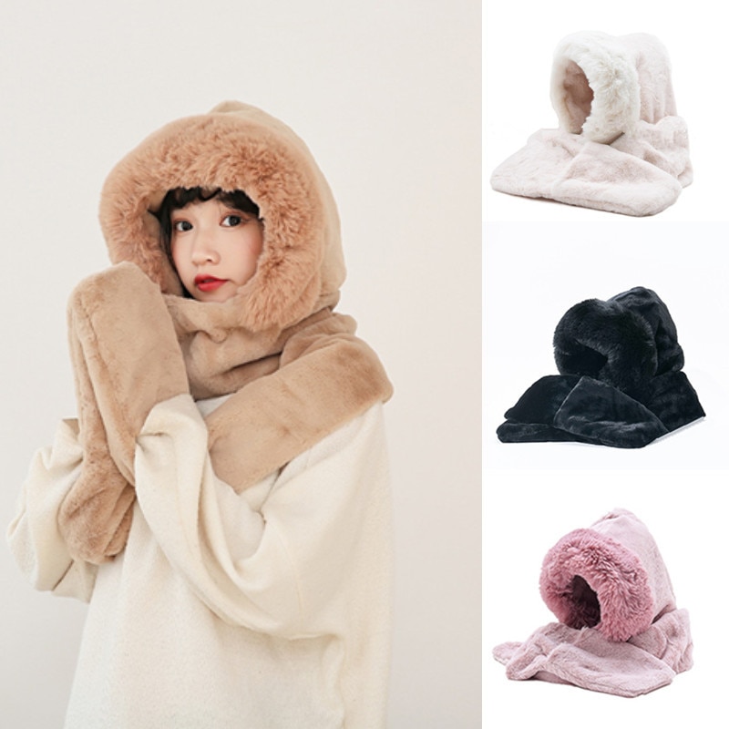 Stil, handsker, hat og tørklæde tredelt sæt, kaninhår, vintervarme, tørklæde til kvinder
