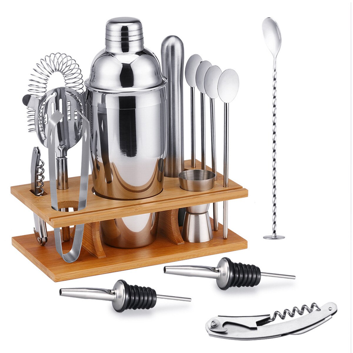 14pcs 550/750ml 304 Stainless Steel Cocktail Shaker Set Barware Kit with Bamboo Wine Rack for Bartender Drink Party Bar Tool Set