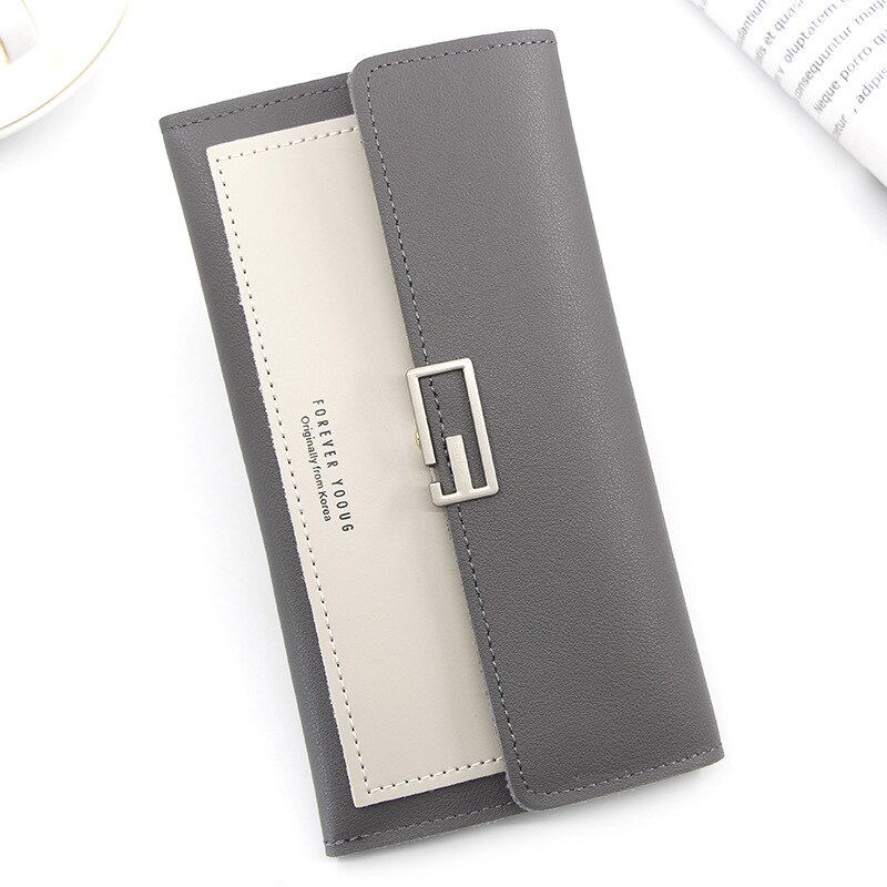 Style Long Korean Style Women's Wallet Simple Clutch Bag Tri-Fold Multi-Function Buckle Multi-Card Position Change Wallet: grey