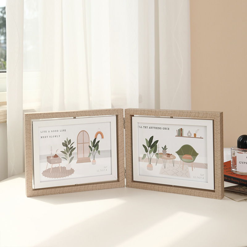 Double-sided Rotating Photo Frame 6-inch 7-inch Photo Frame Table Couple Photo Birthday Display Foldable Rotatable: 6 inch / Dark Khaki