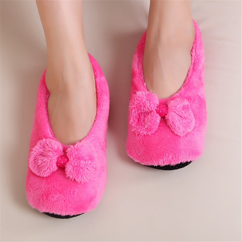 Suihyung Vrouwen Slippers Winter Warm Pluche Indoor Vloer Sokken Zachte Katoenen Schoenen Leuke Boog Dames Bont Slides Home Pluizige Slip op: rooskleurig rood / 8