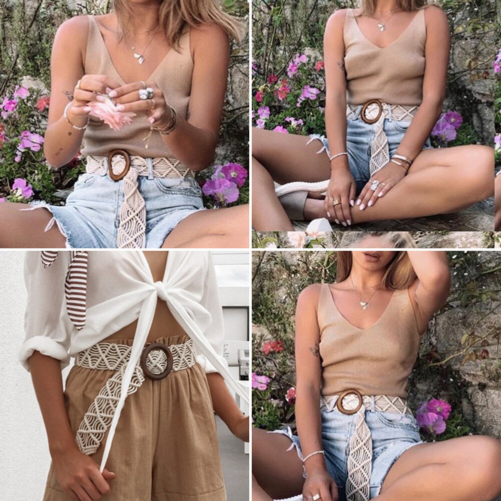 Estilo bohemio de cuerda de cera para mujer, cinturón de punto redondo con hebilla de madera trenzada hecha a mano, cinturones informales de color caqui, cinturón de cintura sólido