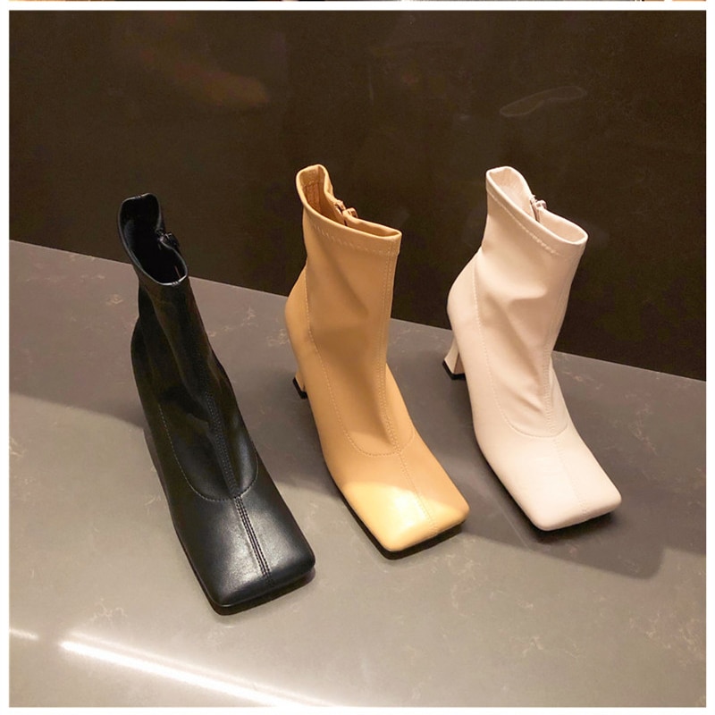 Women Soft Leather Sock Boots Square Toe Beige Yellow 6cm High Heels Ankle Boots Elastic Chelsea Boots Shoes Botas Mujer