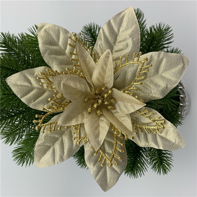 20/22Cm Holle Kunstmatige Kerst Bloemhoofdjes Voor Thuis Bruiloft Decoratie Diy Kerstboom Glitter Zijden Bloemen Kransen: 20cm-Gold