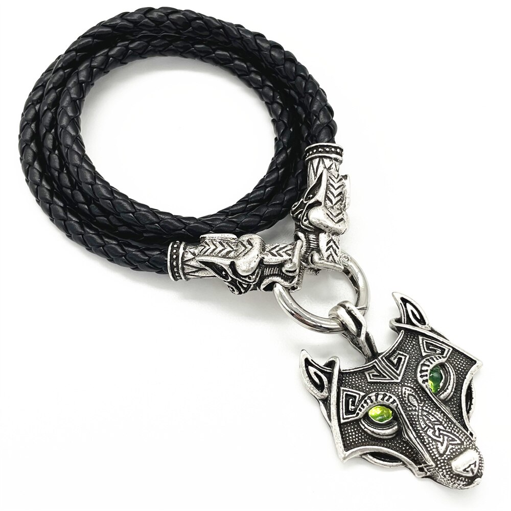 Vintage Groene Ogen Wolf Amulet Hanger Gothic Accessoires Viking Ketting Dubbele Wolven Heads Lederen Ketting Sieraden Voor Mannen