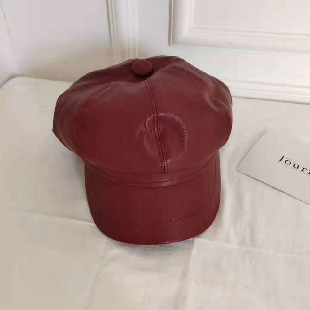 Chapeau béret en cuir pour femme | Automne, hiver chapeaux octogonaux, casquette plate, casquette chaude solide pour femme: Burgundy