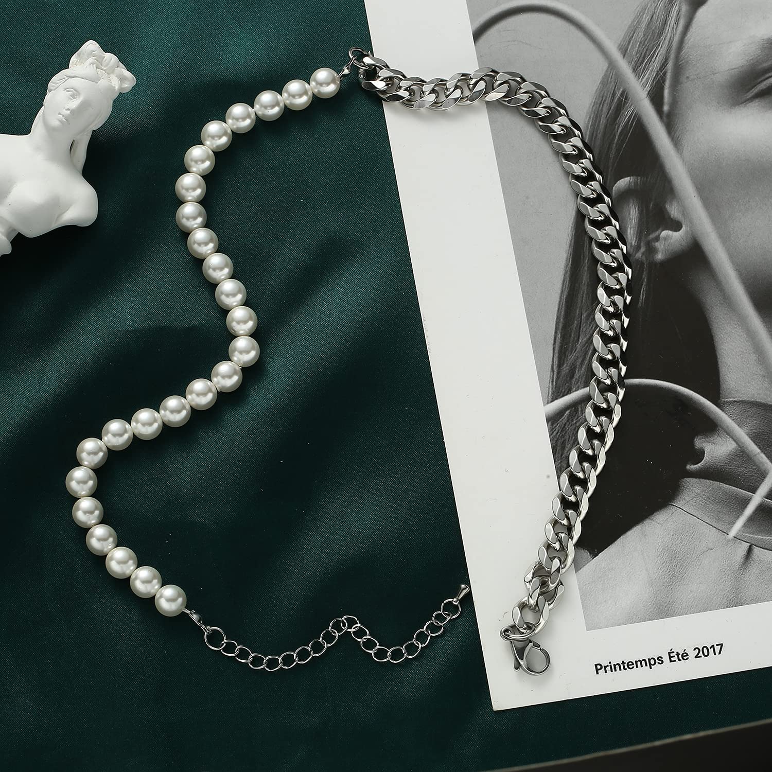 Collana di perle per uomo-collane a mezza catena con mezza perla catene a maglie cubane per gioielli da uomo in acciaio inossidabile