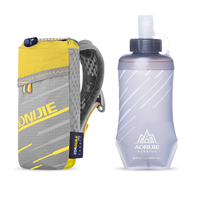 Aonijie handtas voor zachte fles ultralichte hydratatie-rugzak waterfleshouder telefoonhouder tas voor buiten kamperen wandelen: Gele zak met fles