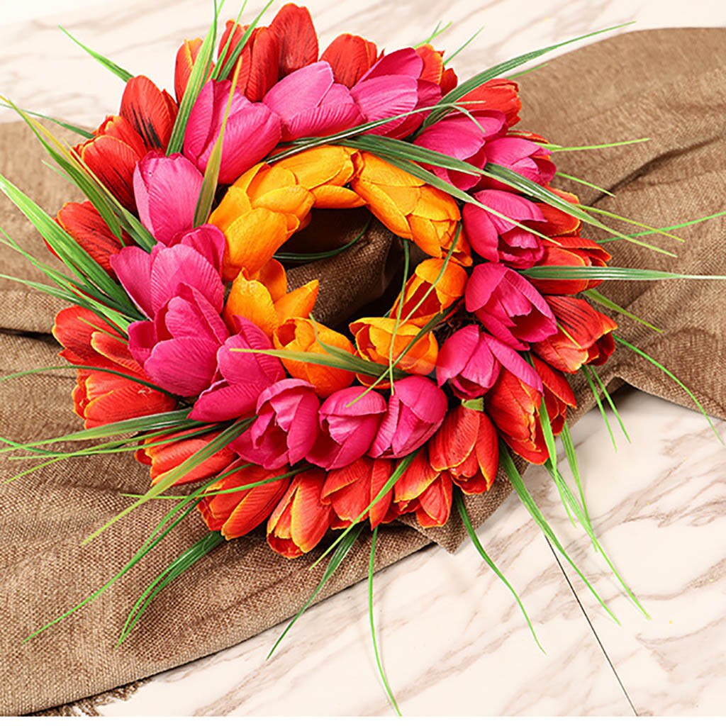 Summer Artificial Tulip Front Door Wreath with Leaves Front Door Wall Decor