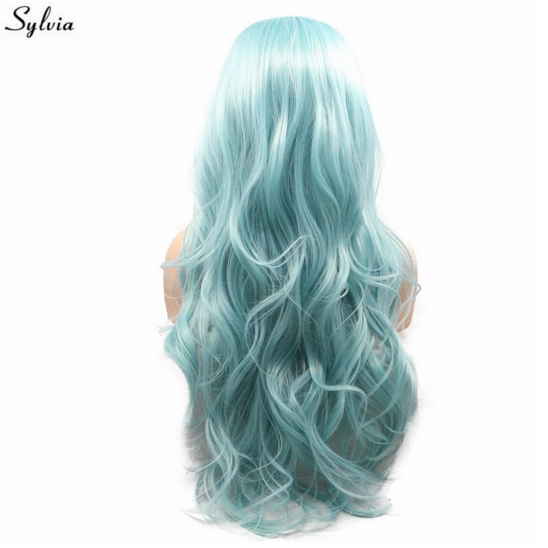 Sylvia Body Wave Pastel Blue Wig Heat Resistant Synthetic Hair U-Lace Front Wigs For White Women Mixed Color Drag Queen Makeup: 26inches