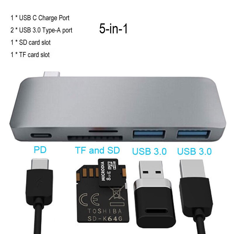 Marsea Thunderbolt 3 Usb C Hub Hdmi-Compatibel Met Pd Tf Sd Kaartlezer 3.0 Hub Usb C Dock voor Macbook Pro/Air USB-C Otg: T2 Gray