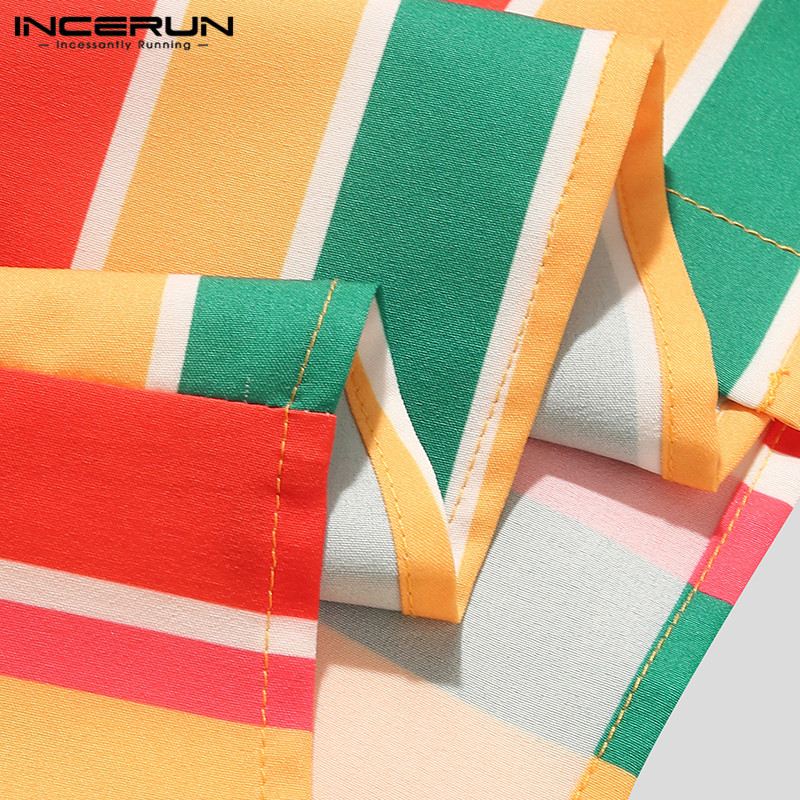 INCERUN Summer Men Striped Shirt Lapel Button Streetwear Vacation Hawaiian Shirts Short Sleeve Breathable Casual Camisa 5XL