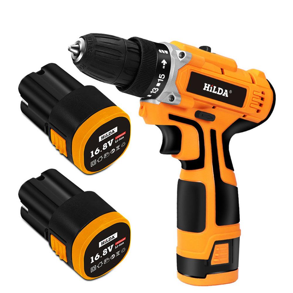 Hilda 16.8V Lithium Strong Torque Electric Hand Drill Machine Cordless Household Charging Screwdriver Wireless Power Tool: Double Battery Set