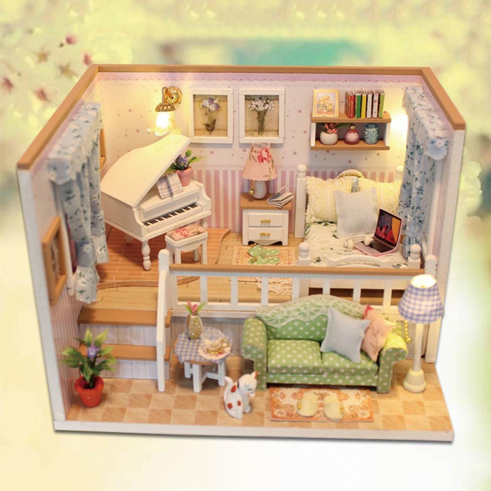 3D Houten Craft Poppenhuis Meubels Diy Miniatuur Stofkap Poppenhuis Speelgoed