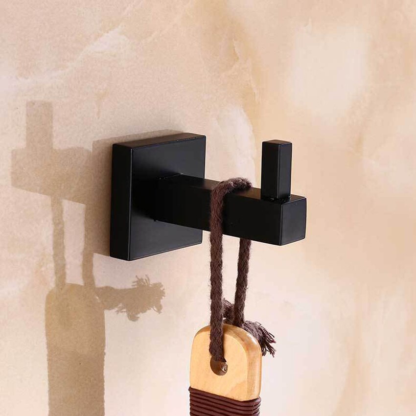 Black Single Robe Hook Stainless Steel Kitchen Bathroom Shower Square Hook for Coat, Clothes, Towel, Sponges, Wall Mounted
