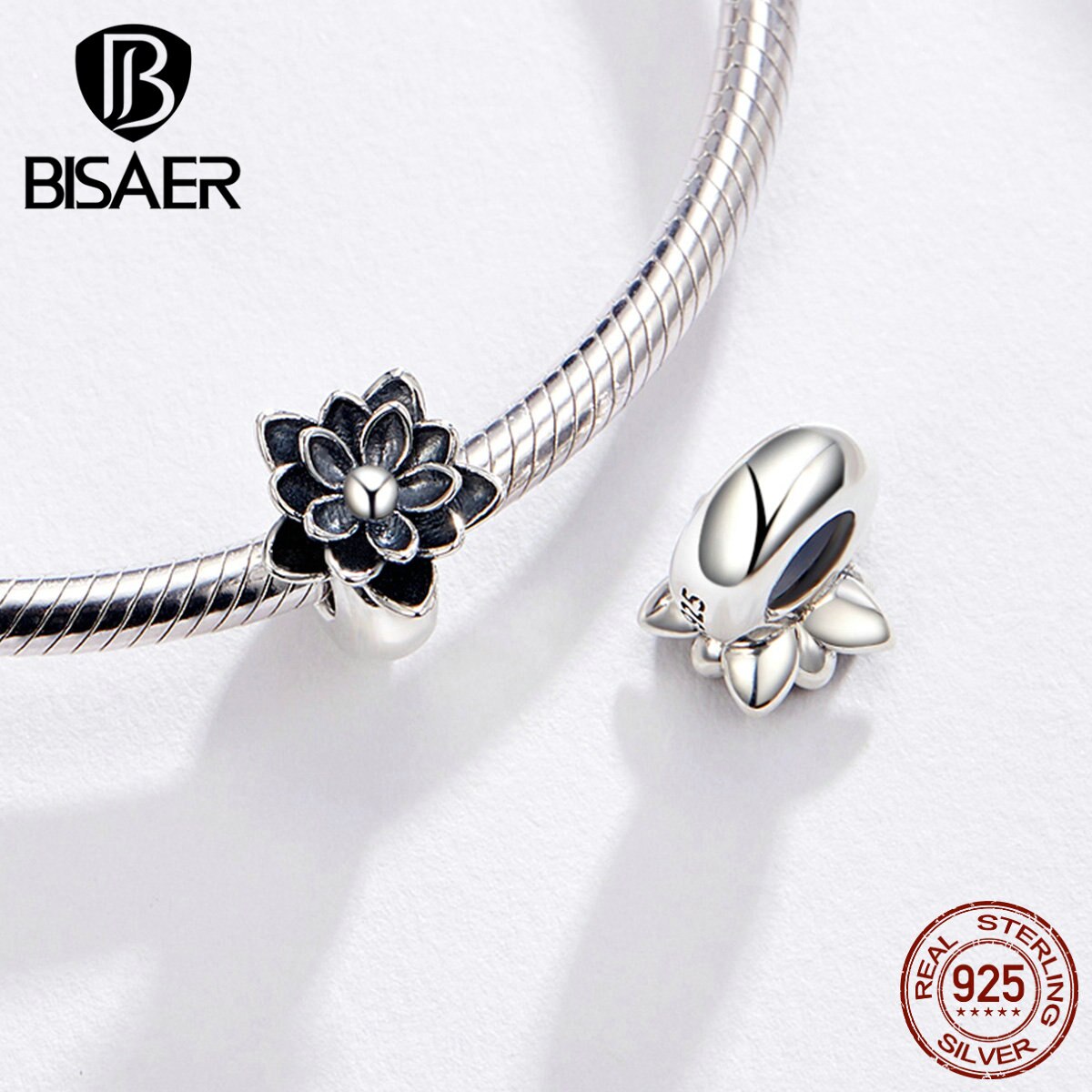 BISAER Lotus Beads 925 Sterling Silver Black Enamel Lotus Flower Charms Beads fit Women Bracelets Bangles DIY Jewelry ECC1196