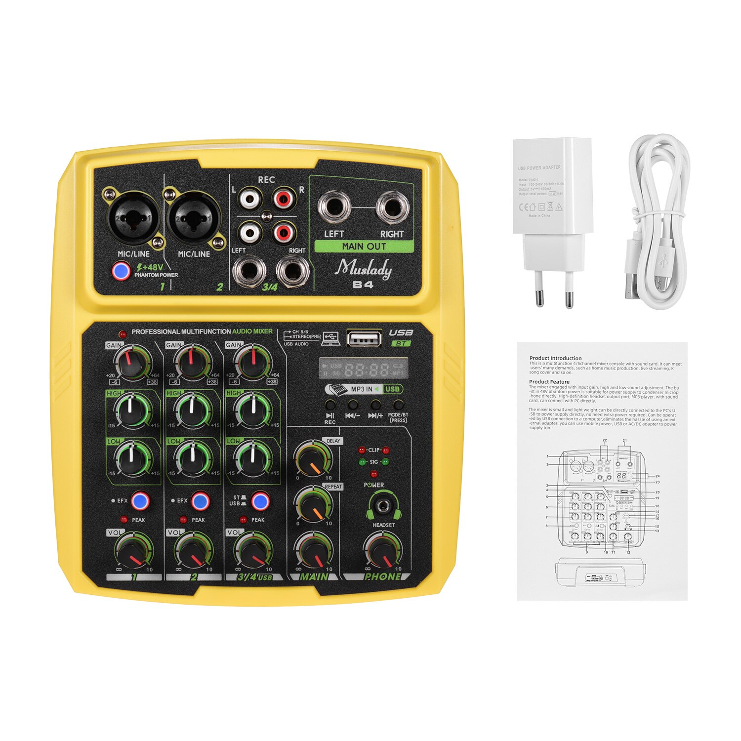 Muslady B4 Portable 4 Channels Audio Mixer USB Mixing Console Supports BT Connection with Sound Card Built-in 48V Phantom Power: Yellow EU