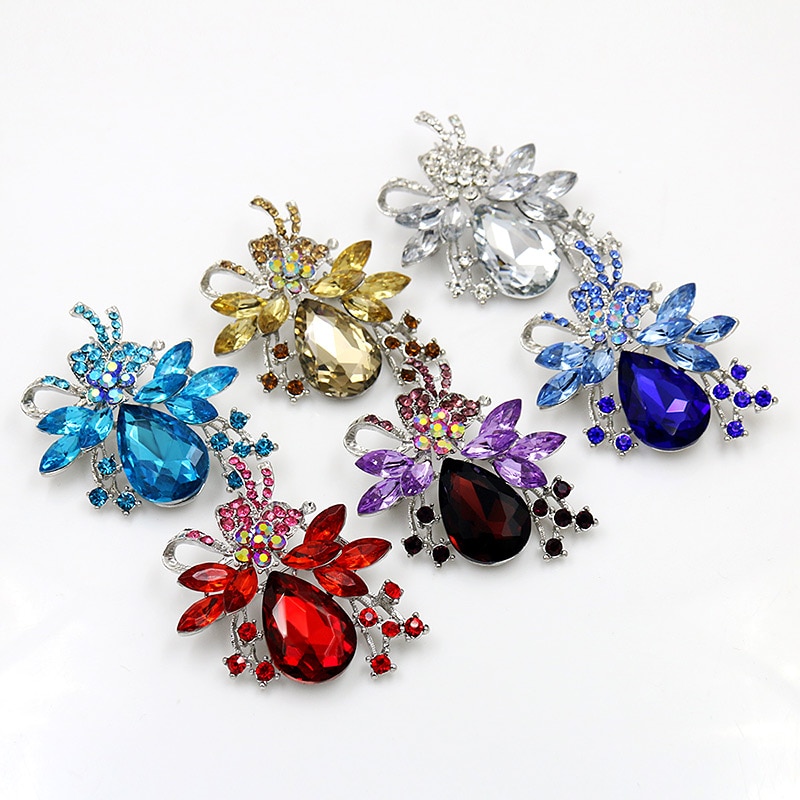 ¡Venta directa de fábrica! broche de diamantes de cristal y piedras acrílicas transparentes de color rojo y azul en varios colores