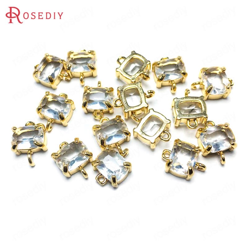 (38230)6PCS 8x10MM 24K Champagne Gold Color Brass and Glass 2 Holes Rectangle Connect Charms Pendants Diy Findings Accessories: White