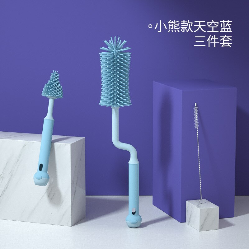 Silicone Bottle Cleaner Brush Baby Nipple Brush Bottle Brush Combination 360-degree Rotary Washing Bottle Brush Cleaning Brush: Blue full set
