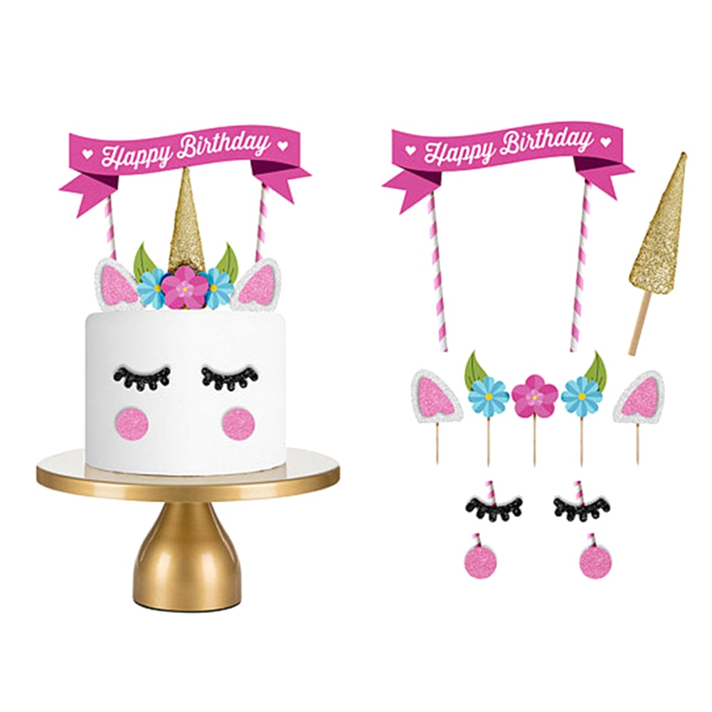1 Set Handgemaakte Gouden Roze Eenhoorn Partij Cupcake Bakken Decoratie Gelukkig Verjaardagsfeestje Vlag Baby Kinderen Party Decor Cake Decor
