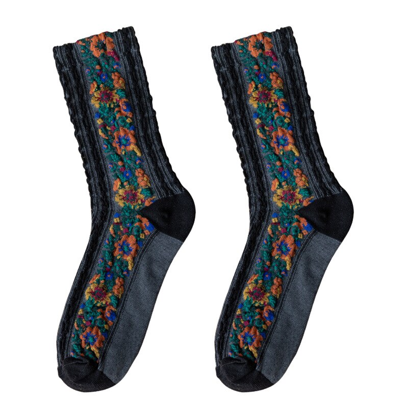 Calze da donna in stile etnico calze a tubo medio Jacquard Vintage ▾ calze da ricamo in cotone calze da donna per dormire a casa telecamera da letto femminile Sox: blu