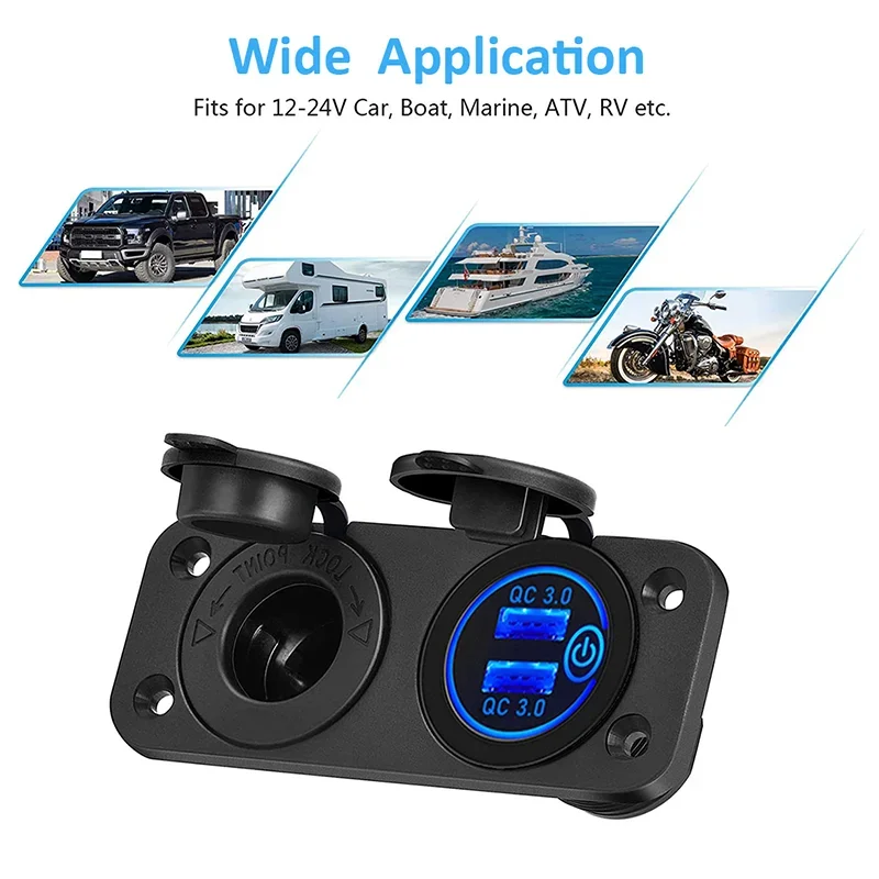 Panel de enchufe USB de 12V, carga rápida 3,0, 20W, doble PD, USB C, adaptador de encendedor de cigarrillos para coche, barco, RV, motocicleta