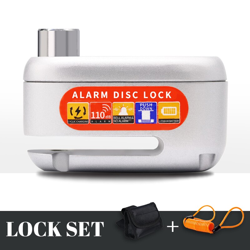 Waterproof Motorbike Accessories Disc Lock Alarm 110db Bike Lock Alarm Disc Anti Theft Disc Brake Lock Alarm: Sliver with Rope Bag