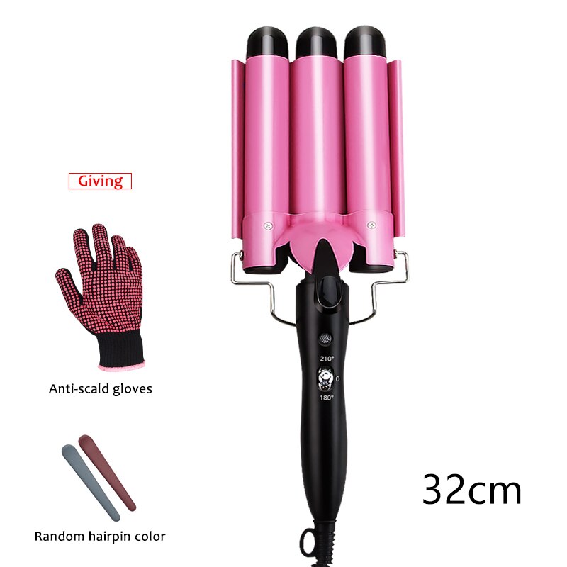 Ferro arricciacapelli in ceramica professionale triplo barilotto bigodino di capelli rotolo di uova strumenti per lo messa in piega dei capelli Styler bacchetta bigodino ferri: colore rosa 32mm