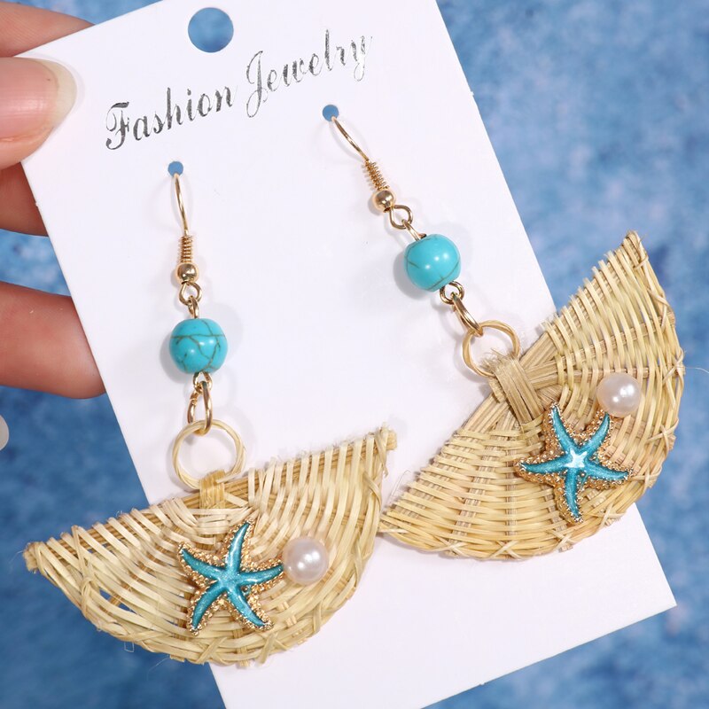 ZOSHI Handmade Earrings For Women Wooden Straw Weave Rattan Wedding Party Dangle Jewelry Shell Earrings Jewelry