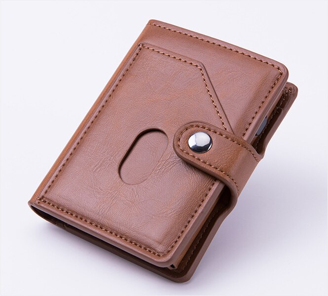 Pitébo – boîte à cartes en cuir NFC en fibre de carbone, brosse antivol, pack de cartes pour hommes et femmes, bouclier de grande capacité RFID pop-up automatique: Brown