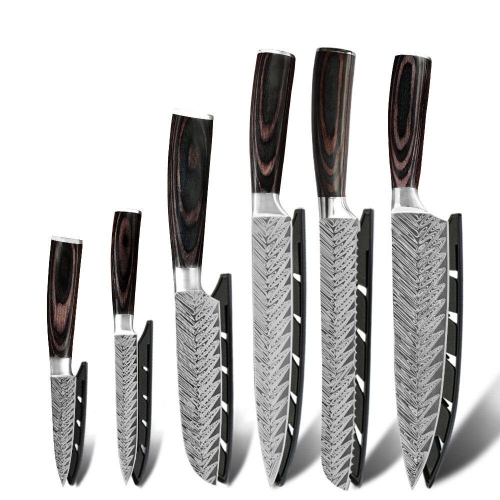 XYj Kitchen Stainless Steel Pro Chef Knives Set Wall Knife Storage Holder Butcher Cleaver Knife Damascus Veins Blade Knifes: F 6pcs set