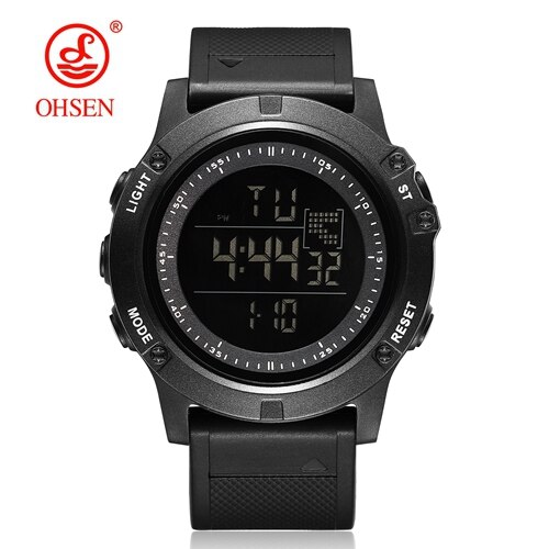 Ohsen merkevare digital lcd rød herre gutteklokke reloj hombre 50m dykk kaki silikonrem utendørs sport armbåndsur hanne: Svart klokke