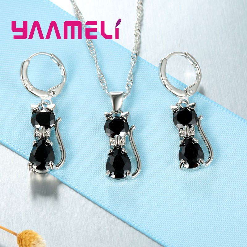 Genuine 925 Sterling Silver Jewelry Set Clear CZ Cubic Zircon Cat Necklace Earrings Pendant For Women