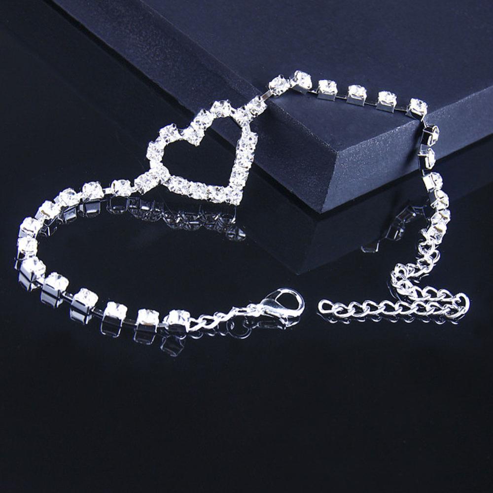 Eenvoudige Hart Crystal Rhinestone Enkelband Ketting Armband Goud Zilver Kleur Voor Vrouwen Barefoot Beach Sandal Voet Enkelbandje Sieraden: Silver Plated