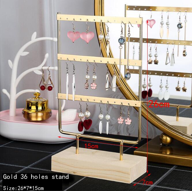 Earrings Stand Jewelry Display Earrings Holder Jewellery Storage Wooden Base Metal Ear Studs Pendant Rack: gold 36 holes