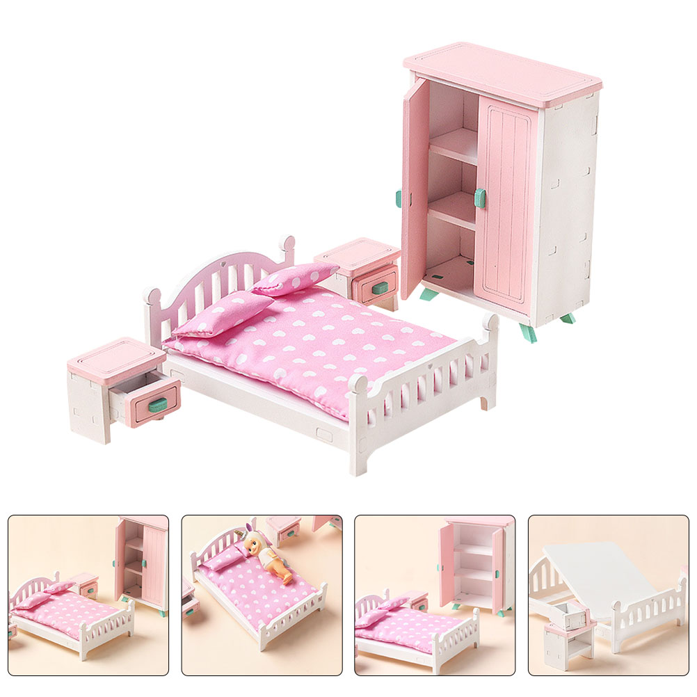 1 Set Mini Furniture Model Doll House Bedroom Layout Bed Wardrobe Nightstand: Default Title